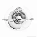 Rectangle frame, inside saturn, stars, dinosaur and the word cosmic on the back tattoo design idea