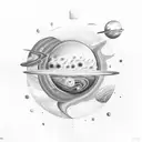 Rectangle frame, inside saturn, stars, dinosaur and the word cosmic on the back tattoo design idea