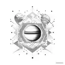 Rectangle frame, inside saturn, stars, dinosaur and the word cosmic on the back tattoo design idea