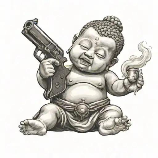 evil baby Buddha with an evil face holding a pistol with smoke coming out of the barrel  tattoo design idea