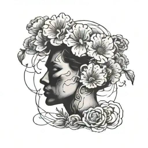A sketch-style tattoo of a person holding a flower while surrounded by a dark cloud, symbolizing the battle against depression tattoo design idea