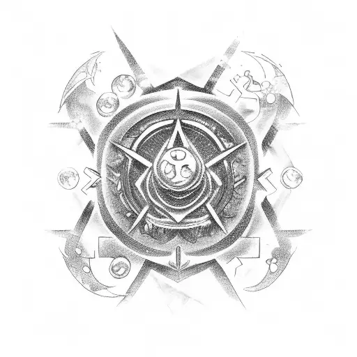 A tattoo of an alchemist's symbol surrounded by anime characters, representing the fusion of passion for alchemy and anime. tattoo design idea