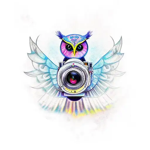 A new-school style tattoo of a camera lens morphing into an owl, with musical staffs forming its wings tattoo design idea