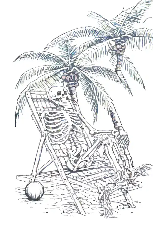 skeleton sitting on sun lounger under coconut tree tattoo design idea
