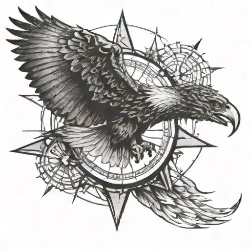 An eagle soaring above a compass rose made of guitar strings tattoo design idea