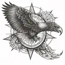 An eagle soaring above a compass rose made of guitar strings tattoo design idea