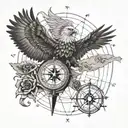 An eagle soaring above a compass rose made of guitar strings tattoo design idea