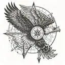 An eagle soaring above a compass rose made of guitar strings tattoo design idea