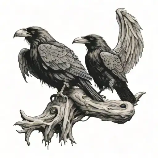 2 ravens sitting on a viking axe tattoo design idea