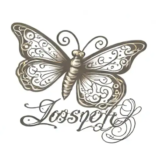 the name Joseph in cursive with a butterfly  tattoo design idea