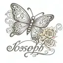 the name Joseph in cursive with a butterfly  tattoo design idea