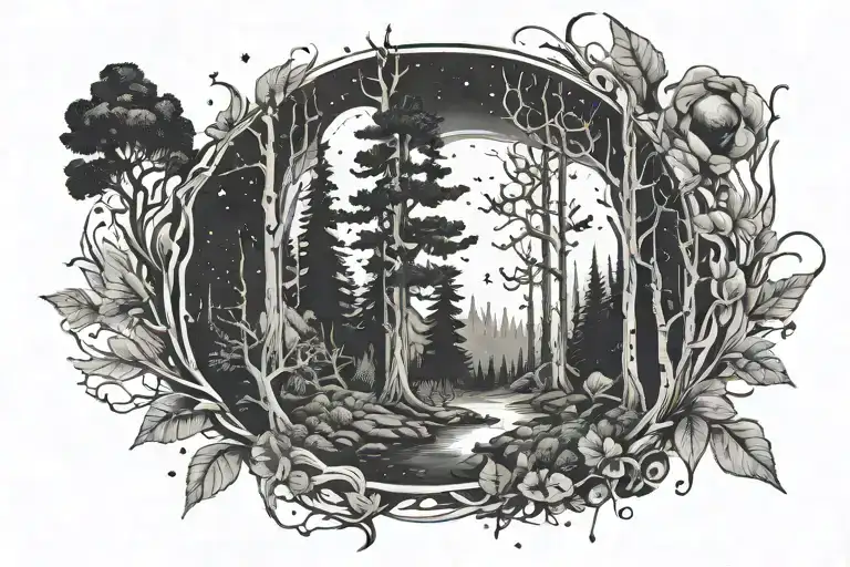 black and white forest in space tattoo design idea