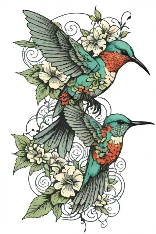 humming bird perched, flowers surrounding, lines connecting various tattoo design idea