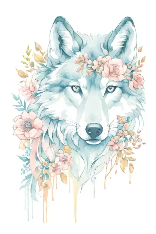 feminine strong wolf with flowers, line design surrounding  tattoo design idea