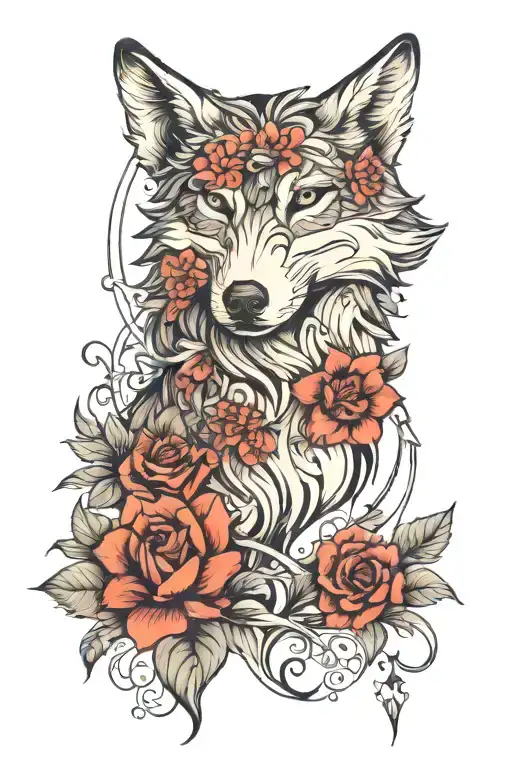 feminine wolf looking forward, flowers growing, line designs, symbols for strength tattoo design idea