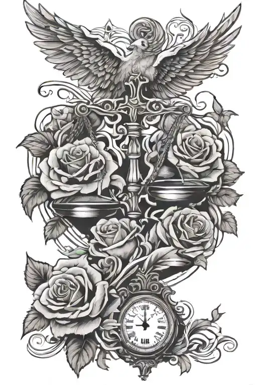 scales of justice, roses, smoke, dove flying away tattoo design idea