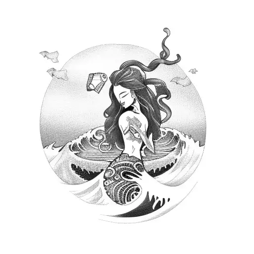 tattooed mermaid holding a message in a bottle with island inside on top of a Japanese wave tattoo design idea