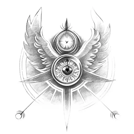 a phoenix with outstretched wings and a red rose on the bottom right and a clock/compass on the bottom left tattoo design idea