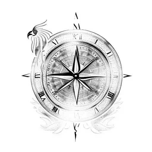 a phoenix with a red rose on the bottom right and a clock/compass on the bottom left tattoo design idea