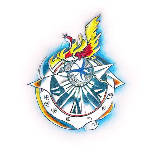 a phoenix with a red rose on the bottom right and a clock/compass on the bottom left tattoo design idea