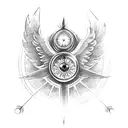 a phoenix with outstretched wings and a red rose on the bottom right and a clock/compass on the bottom left tattoo design idea