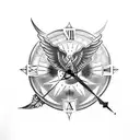 a phoenix with outstretched wings and a red rose on the bottom right and a clock/compass on the bottom left tattoo design idea