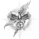 a phoenix with outstretched wings and a red rose on the bottom right and a clock/compass on the bottom left tattoo design idea