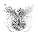 a phoenix with outstretched wings and a red rose on the bottom right and a clock/compass on the bottom left tattoo design idea