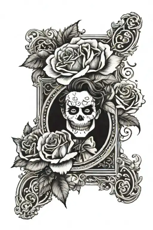 Combine the Scorpio zodiac symbol with a joker card design with roses in a blackwork style tattoo tattoo design idea