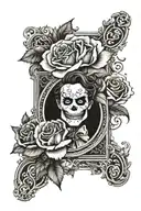 Combine the Scorpio zodiac symbol with a joker card design with roses in a blackwork style tattoo tattoo design idea