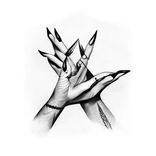 female hand with long nails holding herbs tattoo design idea