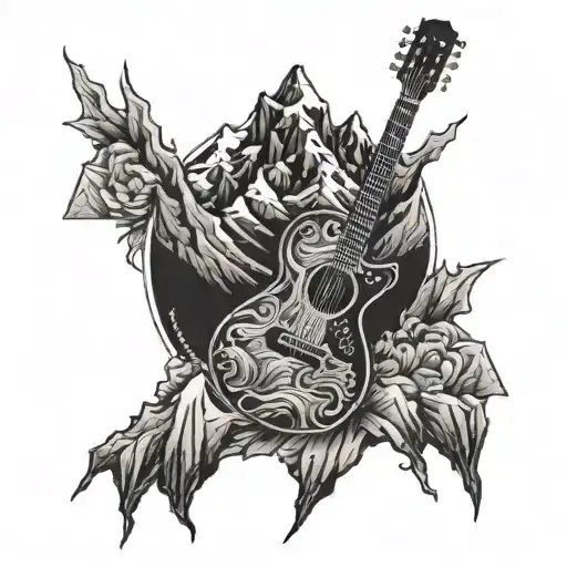 A guitar with mountain peaks as the strings in a blackwork style tattoo design idea