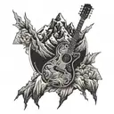 A guitar with mountain peaks as the strings in a blackwork style tattoo design idea
