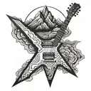 A guitar with mountain peaks as the strings in a blackwork style tattoo design idea