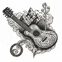A guitar with mountain peaks as the strings in a blackwork style tattoo design idea