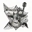 A guitar with mountain peaks as the strings in a blackwork style tattoo design idea
