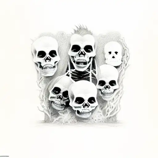 Skeletons of Wayne Static, Rob Zombie, David Draiman and Angus Young sitting next to each other tattoo design idea