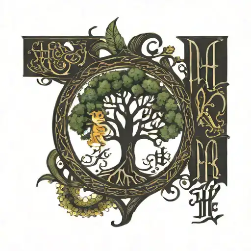 tree of life mom and kids initials H K letter tattoo design idea