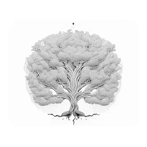 A towering oak tree with roots forming intricate patterns, representing the resilience and power derived from avoiding pressure and finding happiness. tattoo design idea