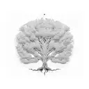 A towering oak tree with roots forming intricate patterns, representing the resilience and power derived from avoiding pressure and finding happiness. tattoo design idea