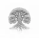 A towering oak tree with roots forming intricate patterns, representing the resilience and power derived from avoiding pressure and finding happiness. tattoo design idea