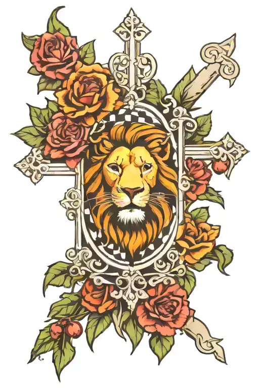 checkered floor plan, lion of Judah, cross, vines tattoo design idea