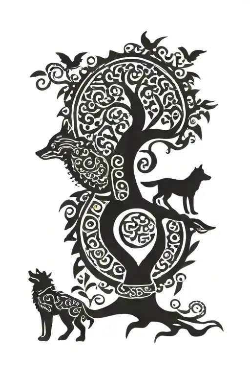 Nordic tree of life, wolf, scottish cross, in filipino tribal styling tattoo design idea