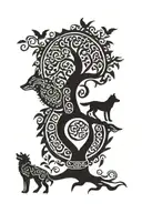 Nordic tree of life, wolf, scottish cross, in filipino tribal styling tattoo design idea
