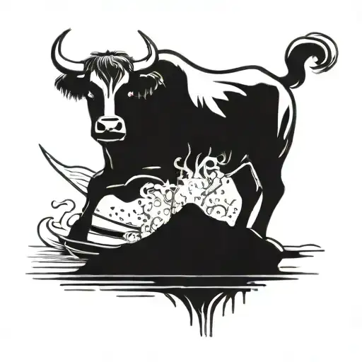 A majestic show cattle standing on a beach with a water ski in the background tattoo design idea