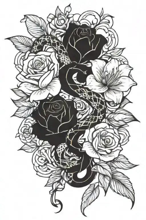 roses, lilies and snake tattoo design idea