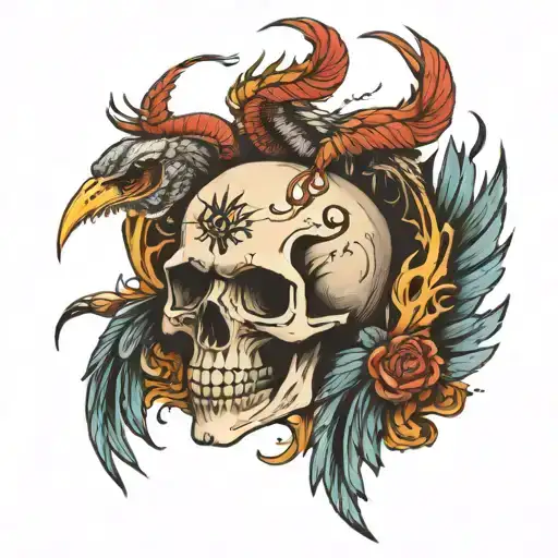 skull with scorpions and fenix flying tattoo design idea