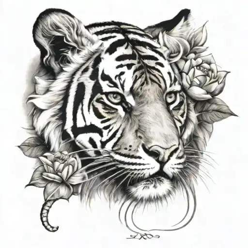 Tiger above Lotus Flower add Ankh cross tattoo design idea