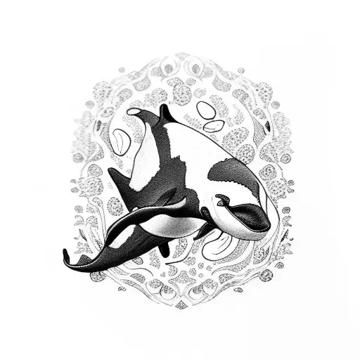 killer whale with flowers tattoo design idea