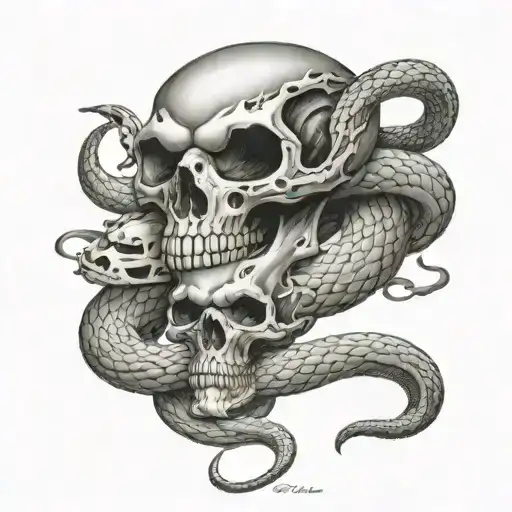 snake with two skulls and inscription tattoo design idea